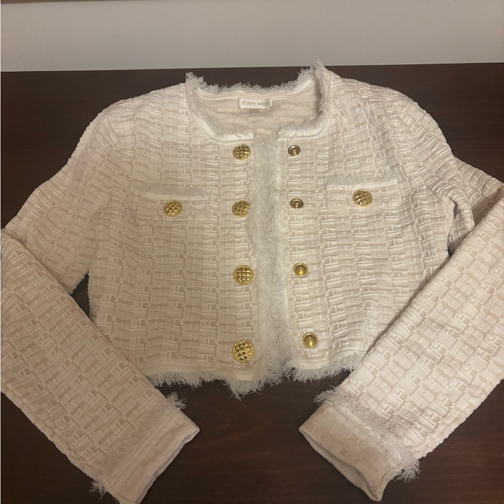 Ronny Kobo Collection Cream Tweed Blazer with Gold Buttons